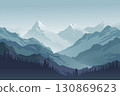 illustration of snowy mountain peaks with layered blue ridges, pine tree silhouettes, and a misty sky. 130869623