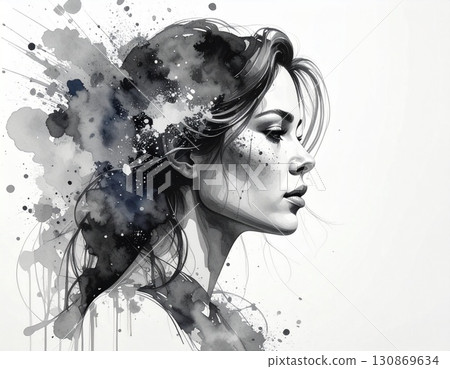 單色水彩女性側面肖像 130869634