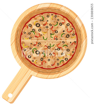 Vegetable Pizza on Wooden Paddle Top View Illustration Vegetable Pizza on Wooden Paddle Top View Illustration 130869655