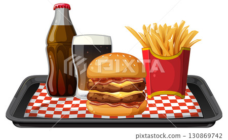 Double Cheeseburger Meal with Fries and Soda on Tray 130869742