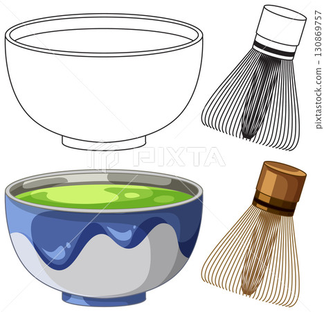 Japanese Matcha Bowl and Bamboo Whisk Vector Set Japanese Matcha Bowl and Bamboo Whisk Vector Set 130869757