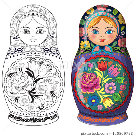 Traditional Russian Matryoshka Doll with Floral Patterns 130869758