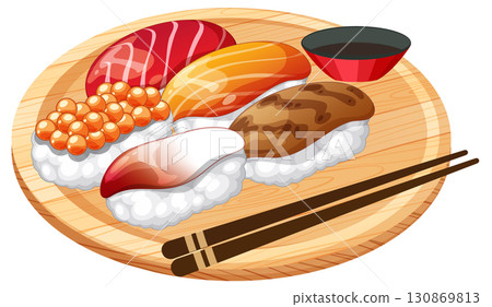 Assorted Nigiri Sushi on Wooden Platter with Chopsticks Assorted Nigiri Sushi on Wooden Platter with Chopsticks 130869813