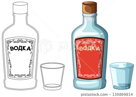 Russian Vodka Bottle and Shot Glass Vector Illustration Russian Vodka Bottle and Shot Glass Vector Illustration 130869814