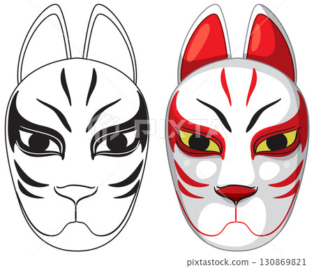 Japanese Fox Mask Vector Illustration with Color and Outline Versions 130869821
