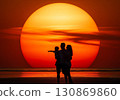 (AI-generated) Family image: A large sunset and the silhouette of a parent and child standing together 130869860