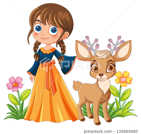 Young Girl With Deer in Colorful Garden Illustration Young Girl With Deer in Colorful Garden Illustration 130869880