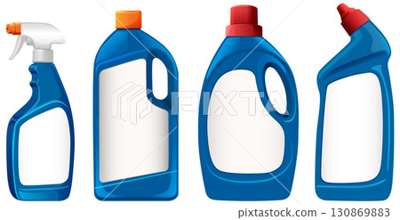 Set of Blue Plastic Cleaning Bottles with Blank Labels 130869883