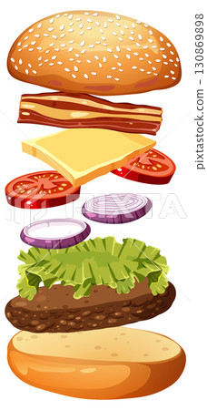 Exploded View of Classic Cheeseburger Ingredients 130869898