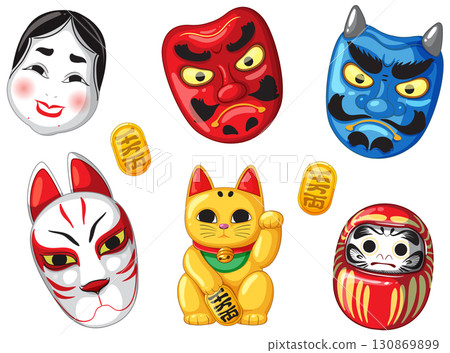 Traditional Japanese Masks, Lucky Cat, and Daruma Vector Set 130869899