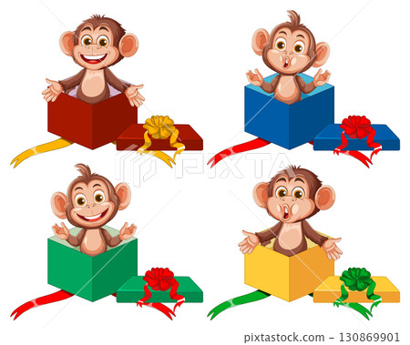 Cartoon Monkeys Popping Out of Colorful Gift Boxes 130869901