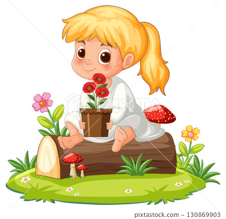 Blonde Girl Sitting on Log Holding Flower Pot 130869903