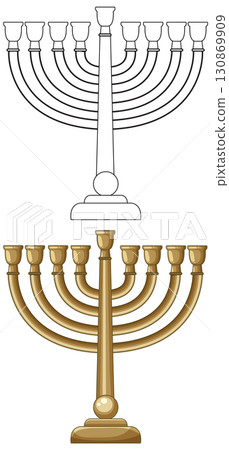 Gold Menorah Vector Illustration with Outline and Colored Versions 130869909