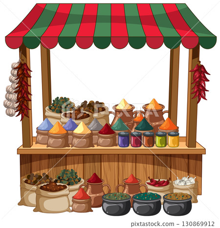 Traditional Middle Eastern Spice Market Stall Illustration 130869912