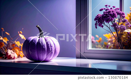 Pastel Lavender Pumpkin with Matte Black Stem. Hallowen Concept. Generated Image 130870184