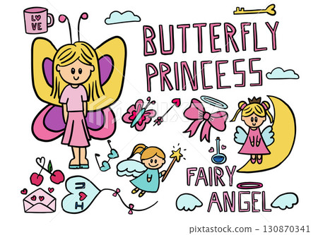 Cute hand drawn vector illustration of butterfly princess, girl, pink ribbon, fairy angel, moon, cherry, love letter, butterfly, cloud for cartoon character, comic, mascot, sticker, patch, brooch 130870341