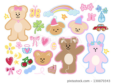 Cute vector illustration of puppy, teddy bear, bunny for animal, pet shop, vet, zoo, souvenir, standee, easter, cartoon character, comic, mascot, plush toy, kid doll, pet costume, mood, expression 130870343