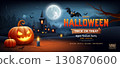 Happy Halloween text orange design, night castle, pumpkins smile, tree, bat flying, ghost, 130870600