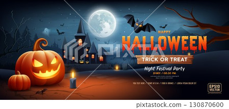 Happy Halloween text orange design, night castle, pumpkins smile, tree, bat flying, ghost, Happy Halloween text orange design, night castle, pumpkins smile, tree, bat flying, ghost, 130870600