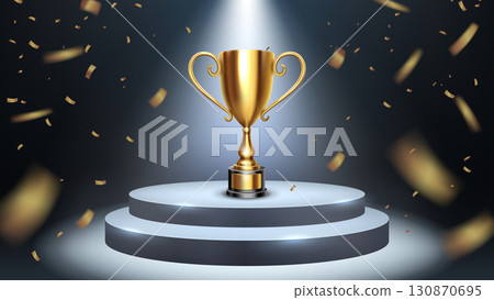 Shiny Golden Trophy on White Podium Illuminated By Spotlights with Golden Confetti Falls, Victory Celebration, Vector Illustration Shiny Golden Trophy on White Podium Illuminated By Spotlights with Golden Confetti Falls, Victory Celebration, Vector Illustration 130870695