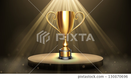 Shiny Golden Trophy on Luxury Podium Illuminated By Spotlights, Victory Celebration, Vector Illustration Shiny Golden Trophy on Luxury Podium Illuminated By Spotlights, Victory Celebration, Vector Illustration 130870696