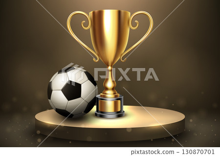 Soccer Championship with Golden Trophy and Football on Luxury Podium, Vector Illustration 130870701
