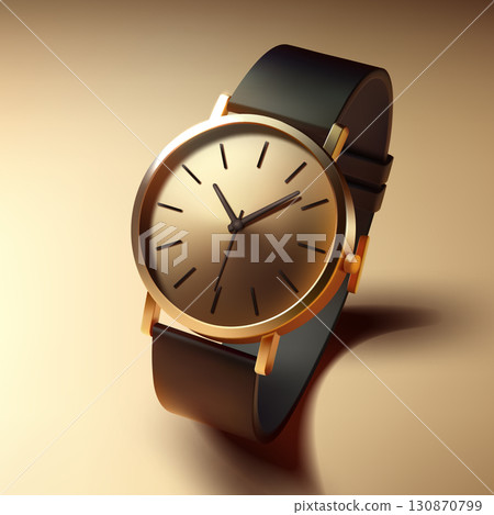 3D Realistic Golden Classic Vintage Unisex Wrist Watch. Closeup Isolated on Gold Background. Wristwatch with Leather Bracelet, Vector Illustration 3D Realistic Golden Classic Vintage Unisex Wrist Watch. Closeup Isolated on Gold Background. Wristwatch with Leather Bracelet, Vector Illustration 130870799