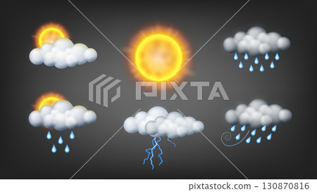 3D Weather Icons Set, Ready For Dark Or Light Backgrounds, Vector Illustration 130870816