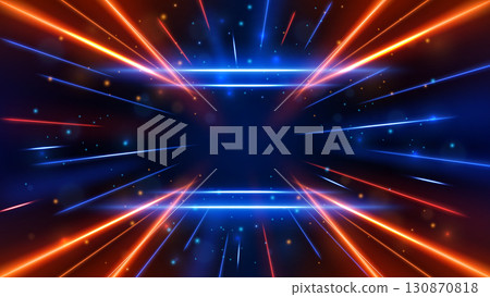 Perspective Glowing Blue and Orange Light Lines with Speed Motion Blur Effect on Dark Background, Vector Illustration 130870818