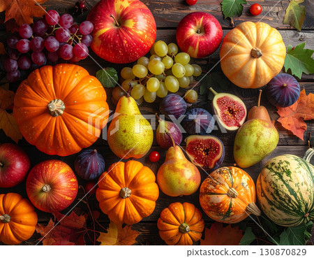Autumn fruit platter: natural still life composition of pumpkin, apple, fig, and pear 130870829