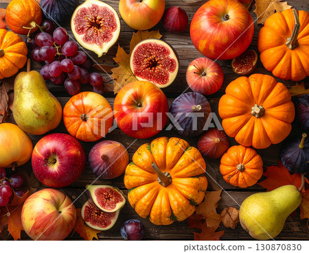 Autumn fruit platter: natural still life composition of pumpkin, apple, fig, and pear 130870830