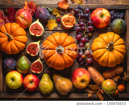 Autumn fruit platter: natural still life composition of pumpkin, apple, fig, and pear 130870833