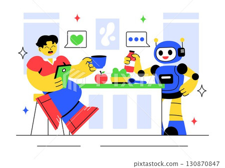 Robotics in Daily Life Vector Illustration featuring Robots and Automated Systems Assisting Human Activities with Remote Control and Automation 130870847