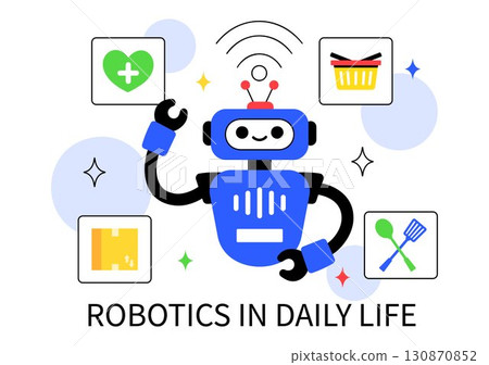 Robotics in Daily Life Vector Illustration featuring Robots and Automated Systems Assisting Human Activities with Remote Control and Automation 130870852