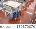 Close-up of desks and chairs in a classroom with school bags hanging from the back, school image 130870870