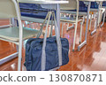 Close-up of desks and chairs in a classroom with school bags hanging from the back, school image 130870871