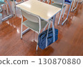Close-up of desks and chairs in a classroom with school bags hanging from the back, school image 130870880