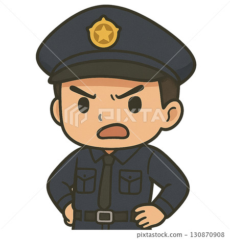 A male police officer in uniform (upper body) appears angry with his hands on his hips 130870908