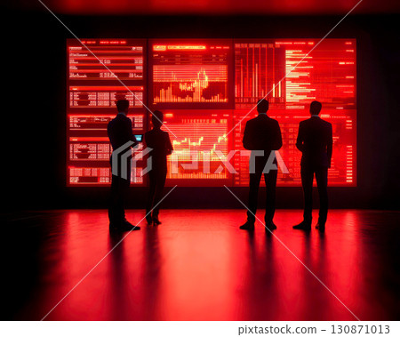 Silhouettes of individuals observing data on a digital display. 130871013