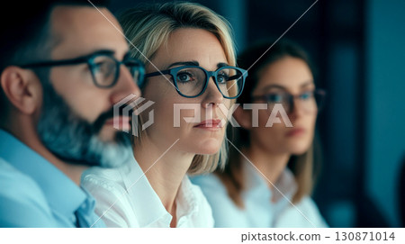 Serious professionals attentively engaged in a meeting discussion. 130871014