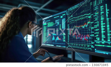 Woman analyzing financial data on multiple computer screens. 130871045