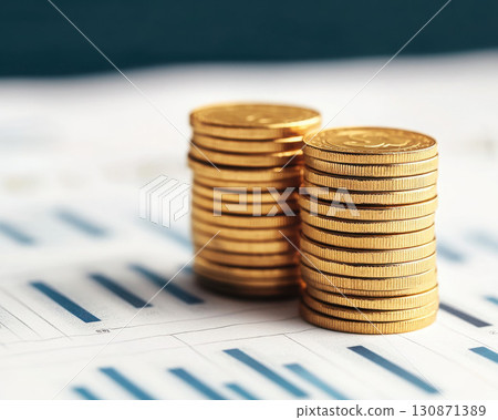 Stacks of gold coins on a financial chart representing wealth. 130871389
