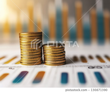 Stacks of coins on financial charts representing wealth growth. 130871390