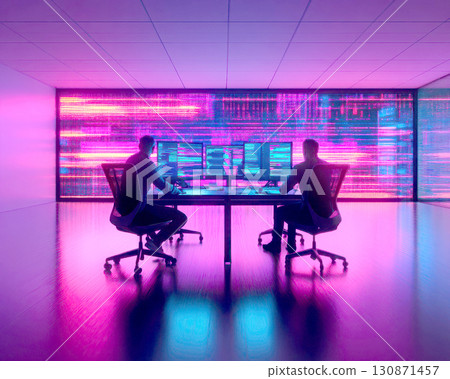 Two programmers working in a vibrant digital workspace. 130871457