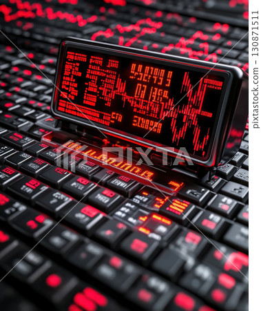 Futuristic digital display with red background on a keyboard. Futuristic digital display with red background on a keyboard. 130871511