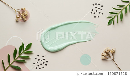 Decorative Botanical Patterns with Green Cream Smear in a Minimalist Scene 130871528