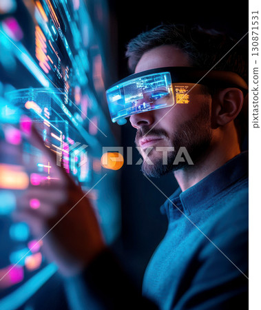 A man uses augmented reality glasses to interact with data. A man uses augmented reality glasses to interact with data. 130871531