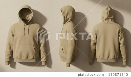 Stylish Beige Hoodie Displayed from Front, Side, and Back Views Stylish Beige Hoodie Displayed from Front, Side, and Back Views 130871540