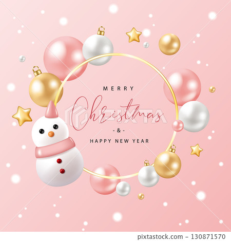 3D golden round frame, Christmas decoration balls and snowman, Christmas pink background banner advertising poster flyer material picture 130871570