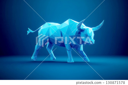 A blue low-poly bull model in a modern design, showcasing geometry. 130871578